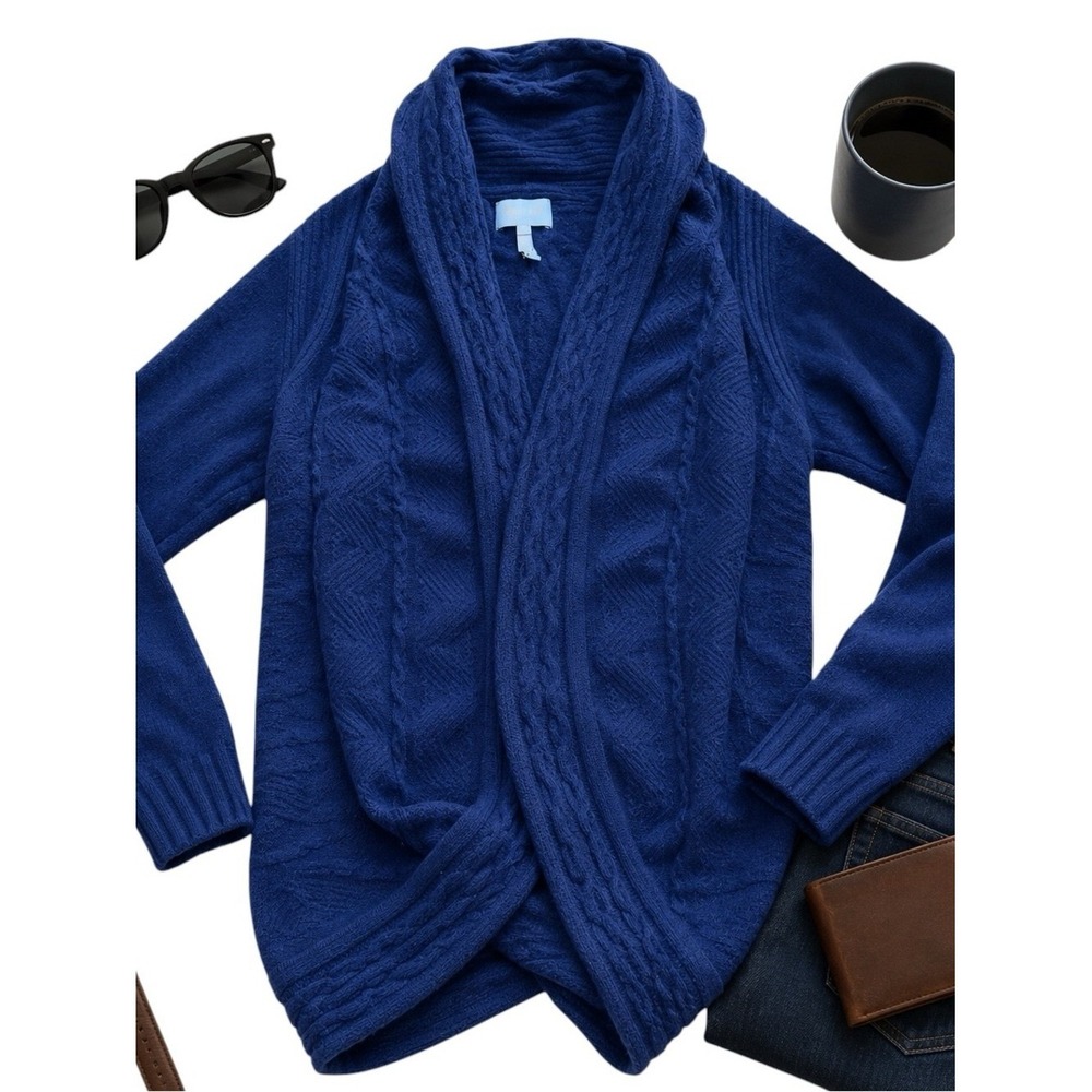 Laundry by Shelli Segal Women's L Blue 100% Cashmere Cable Knit Draped Cardigan